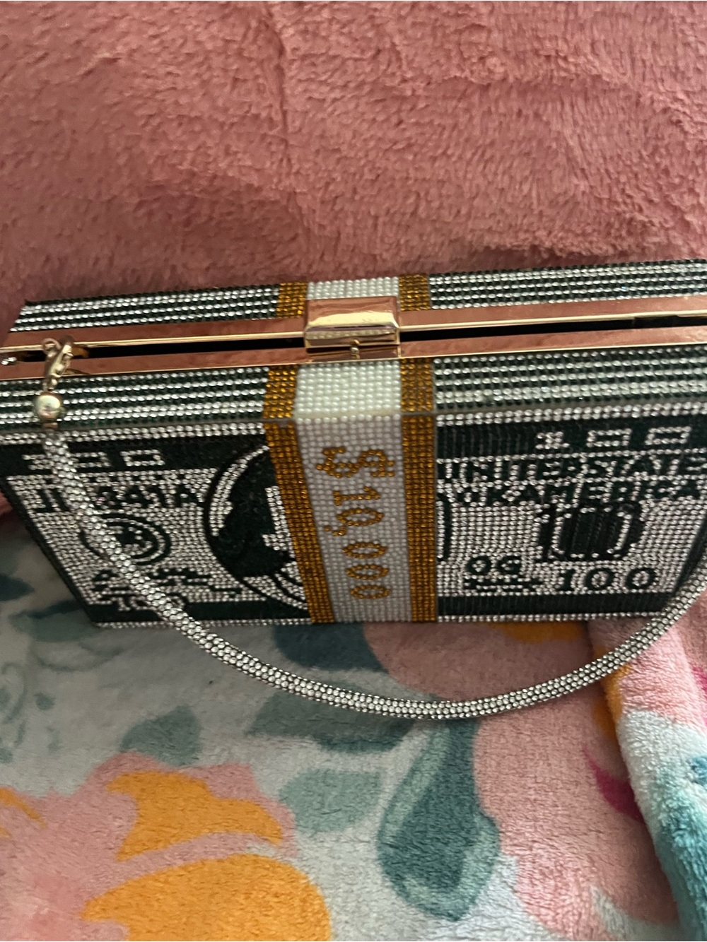 Crystal Money-Print Evening Clutch - Green & Gold